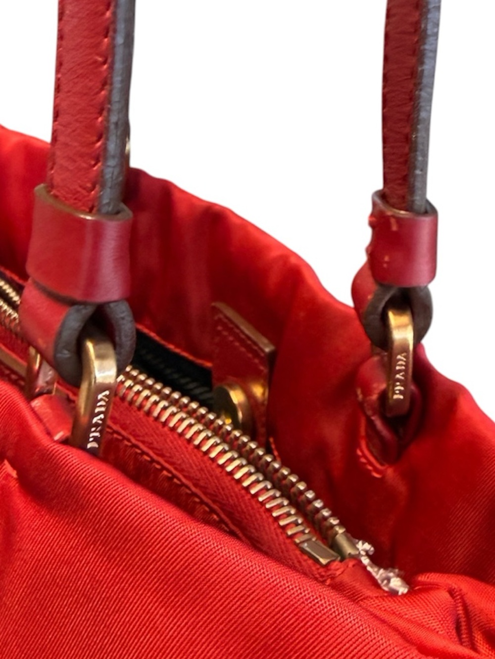 Prada Tessuto Nylon & Leather Shoulder Tote Bag Red & Gold - Picture 7 of 12